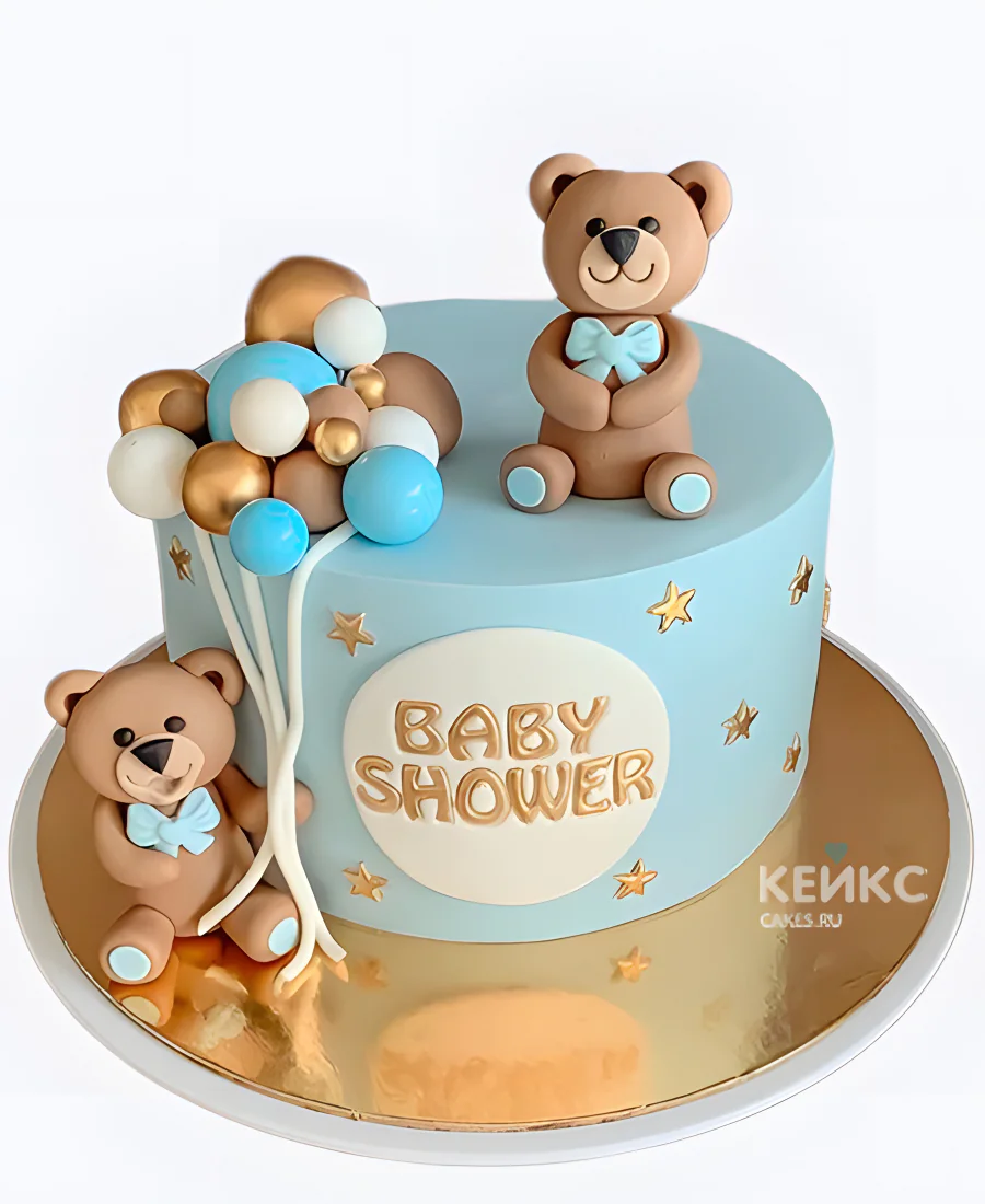 Голубой торт на рождение с мишками и шариками Голубой торт на рождение с мишками и шариками Фото