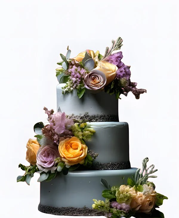 Голубой трендовый торт с цветами на свадьбу Голубой трендовый торт с цветами на свадьбу Фото