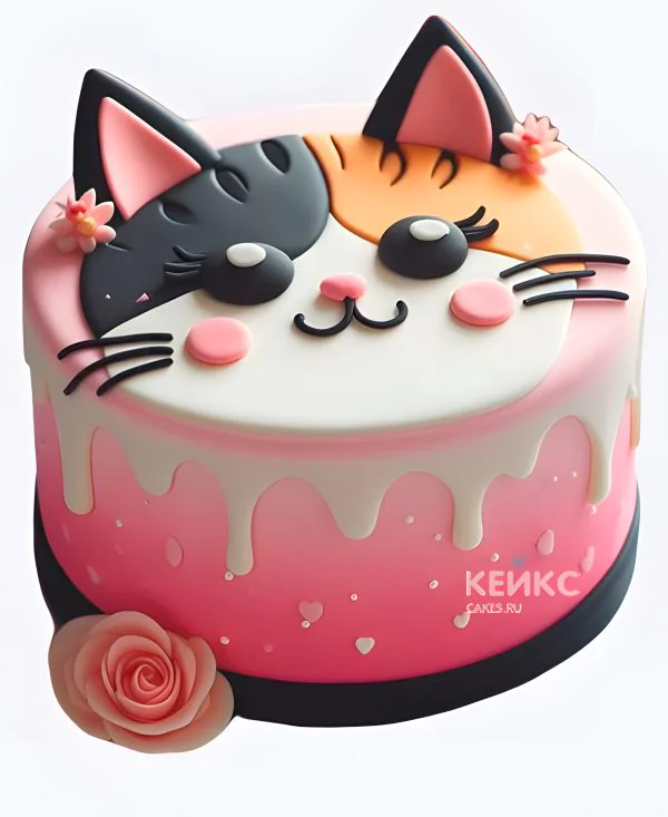 Яркий торт девочке с мордочкой котика Яркий торт девочке с мордочкой котика Фото