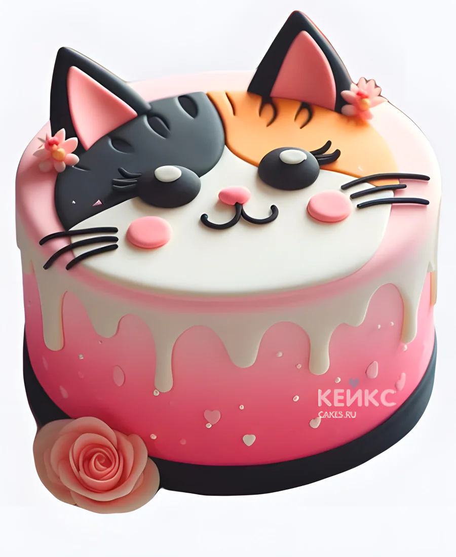 Яркий торт девочке с мордочкой котика Фото