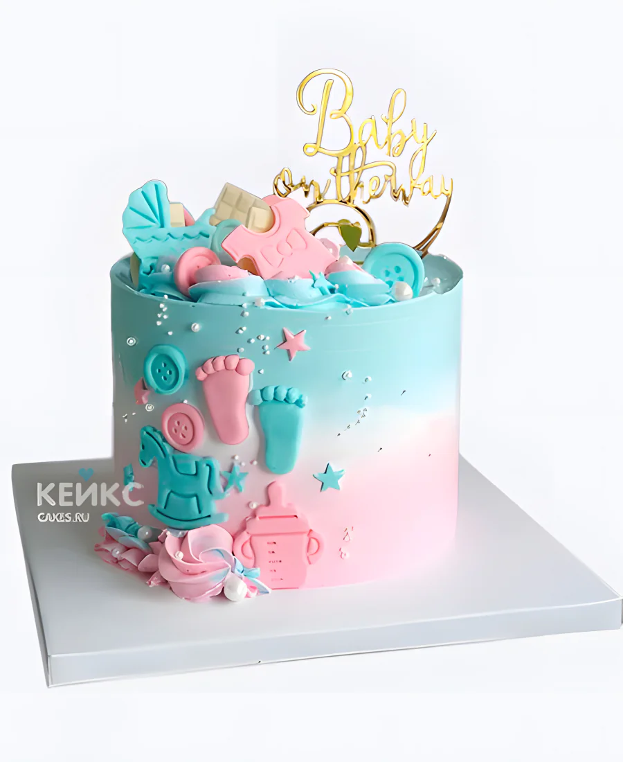 Яркий торт на рождение с следами ножек скоро буду Фото