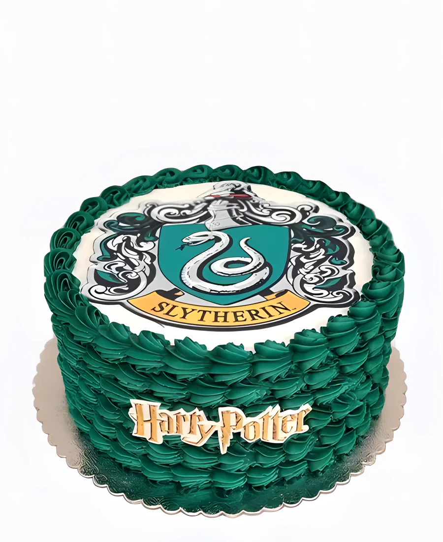 Изящный зеленый тортик Гарри потер с фотопечатью факультета Фото