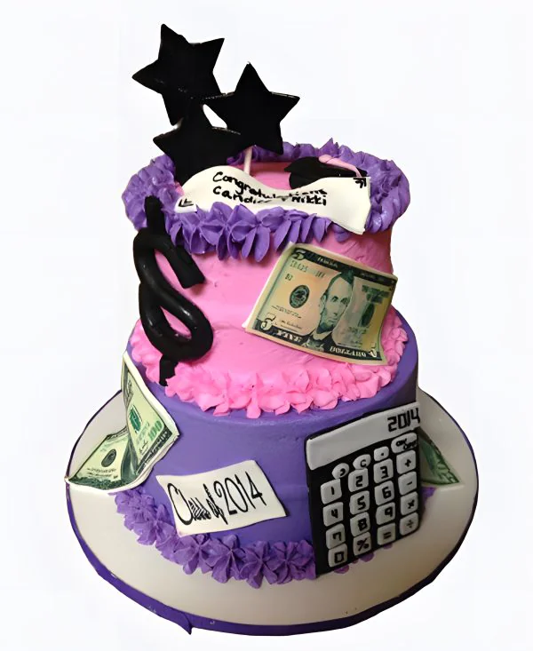 Корпоративный торт розово-фиолетовый с деньгами Фото