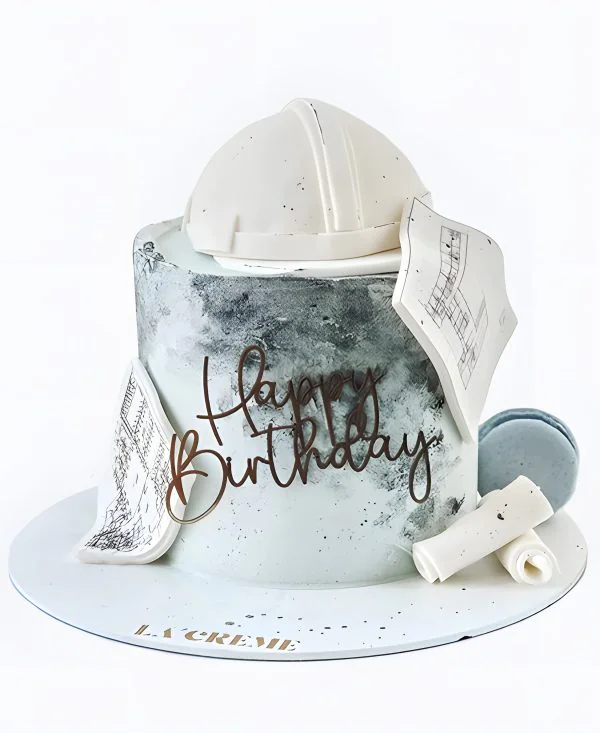 Корпоративный торт с каской и проектом Фото