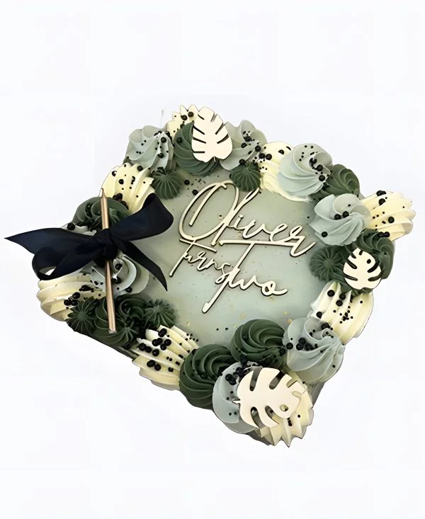 Корпоративный торт с кремовыми цветами в зеленых тонах Фото