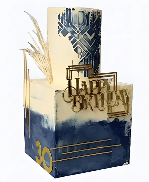 Корпоративный торт с золотыми линиями и сухоцветом Фото