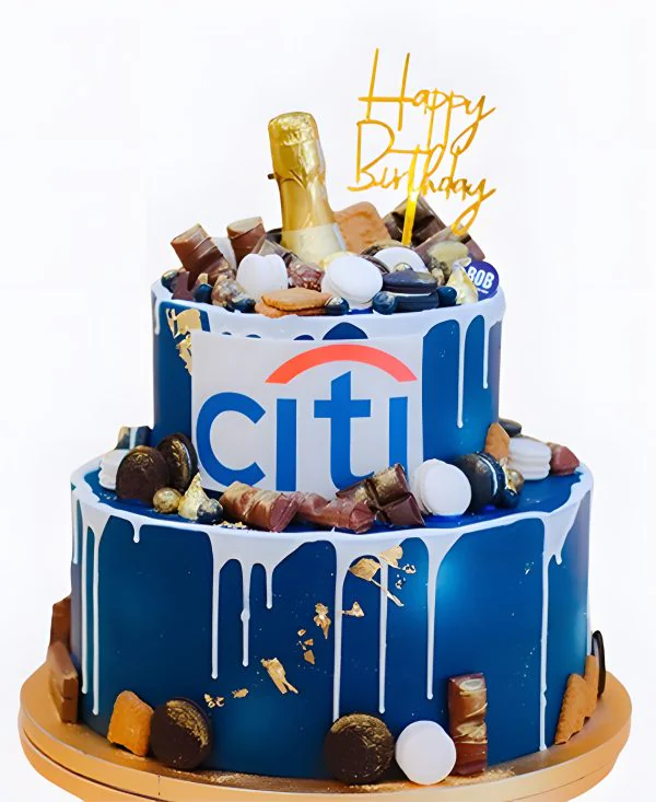 Корпоративный торт синий со сладостями Фото