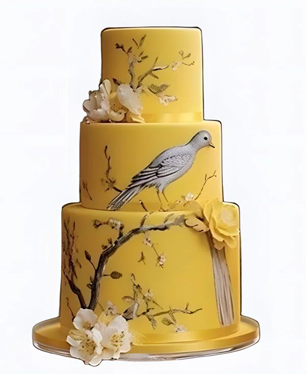 Корпоративный торт желтый с веточками и птичкой Фото