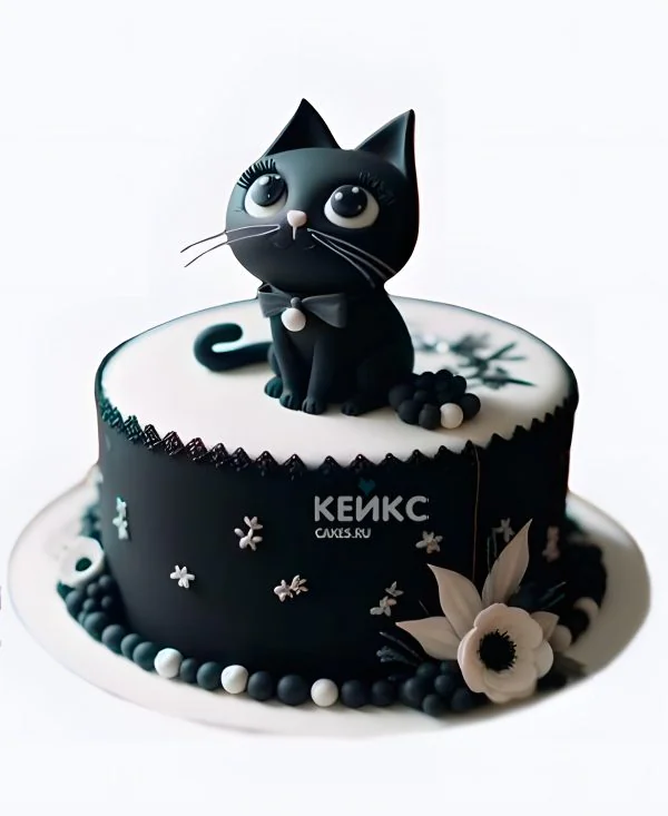 Красивый черный торт с кошечкой девочке Красивый черный торт с кошечкой девочке Фото