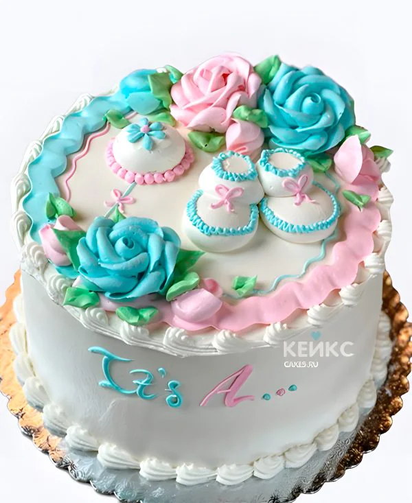 Красивый гендер-торт с кремовыми розами Фото