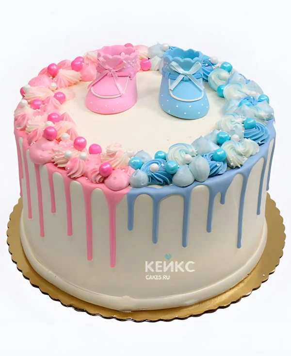 Красивый гендер-торт с пинетками и бусинами Фото