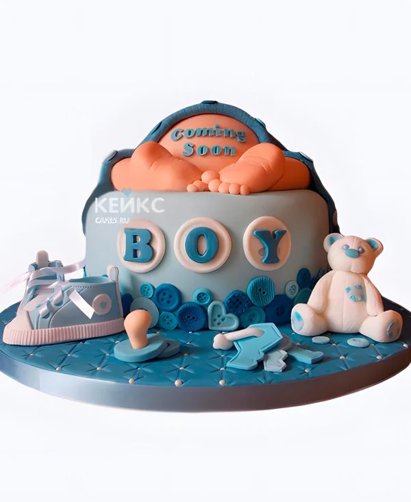 Красивый торт с мишкой и ботиночками на рождение скоро буду Фото