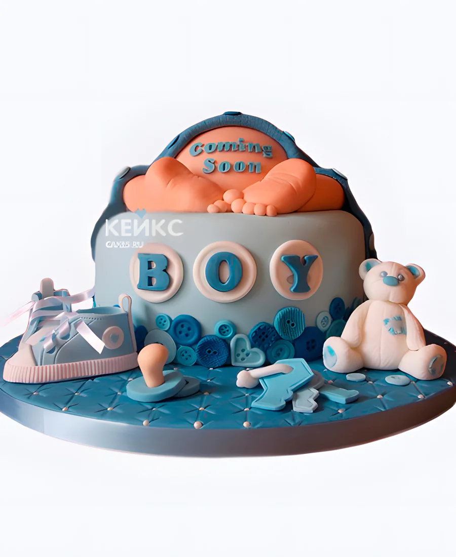 Красивый торт с мишкой и ботиночками на рождение скоро буду Фото