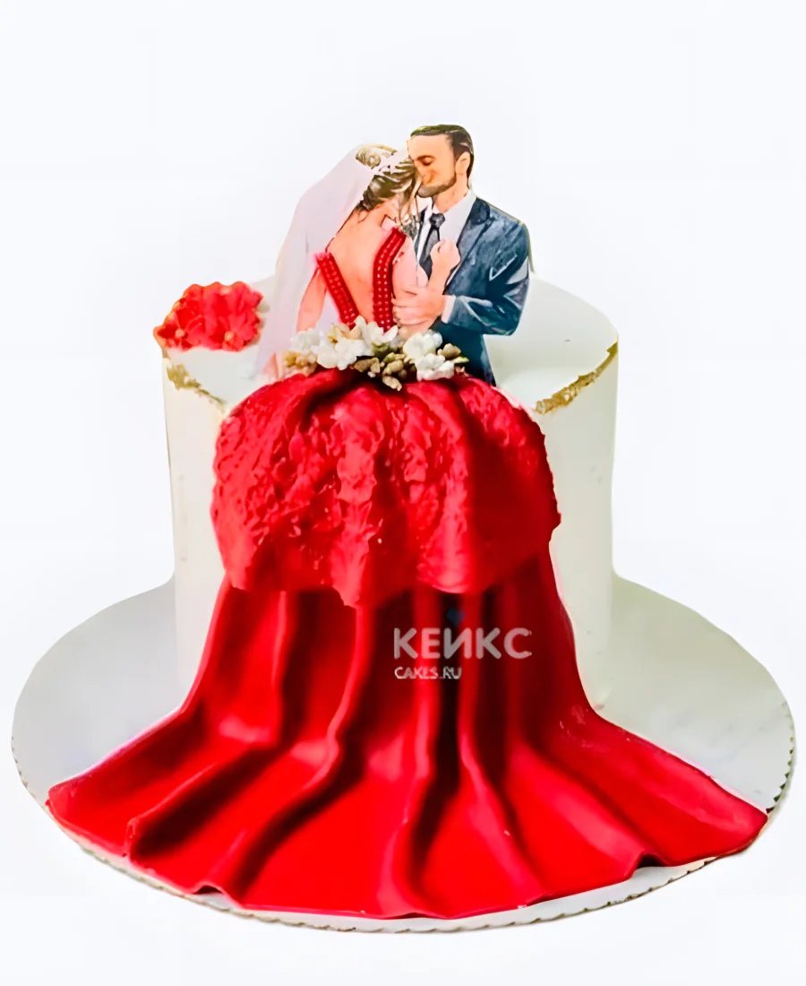 Красный свадебный торт Шлейф платья Фото