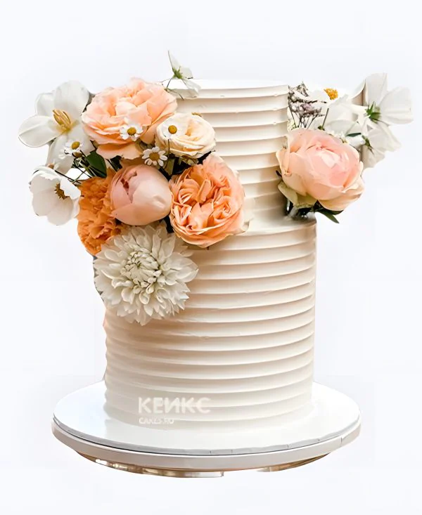 Кремовый свадебный торт рифленый ассорти цветов Кремовый свадебный торт рифленый ассорти цветов Фото