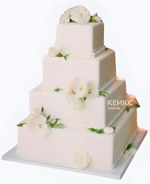 Квадратный свадебный торт Белые цветы на ярусах Квадратный свадебный торт Белые цветы на ярусах Фото