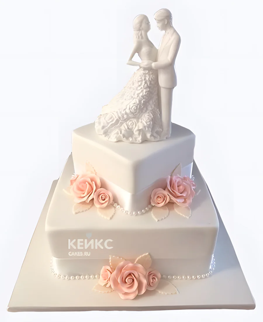 Квадратный свадебный торт с белыми фигурками молодожен и розами Квадратный свадебный торт с белыми фигурками молодожен и розами Фото