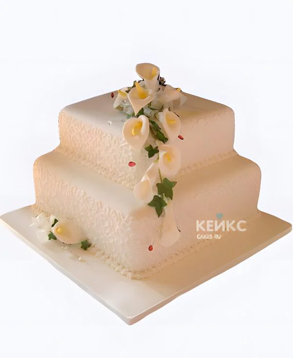 Квадратный свадебный торт с каллами Фото
