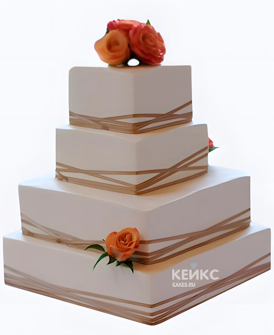 Квадратный свадебный торт с коричневой ленточкой и розами Квадратный свадебный торт с коричневой ленточкой и розами Фото
