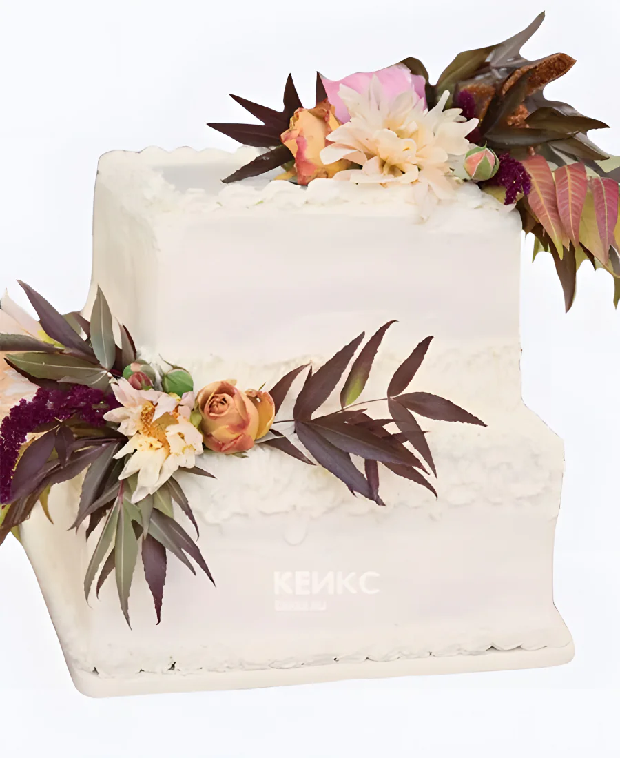 Квадратный свадебный торт Цветы с листочками Квадратный свадебный торт Цветы с листочками Фото