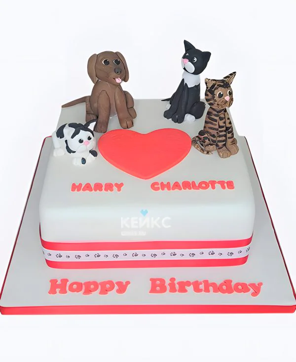 Квадратный торт девочке с котиками и сердечком Квадратный торт девочке с котиками и сердечком Фото