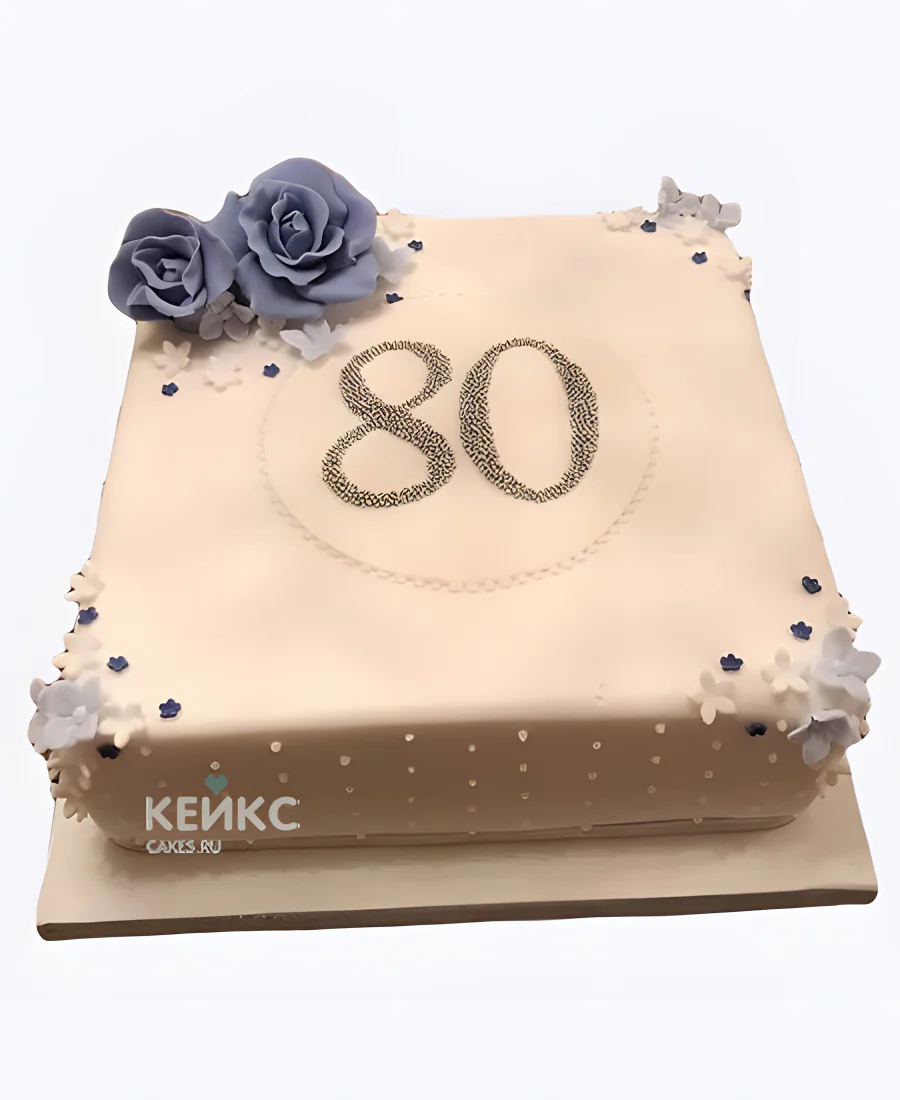 Квадратный торт с сиреневыми розами на 80-летие Фото