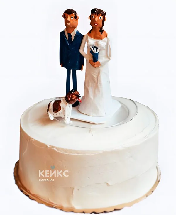 Маленький свадебный торт Молодожены с собачкой Фото