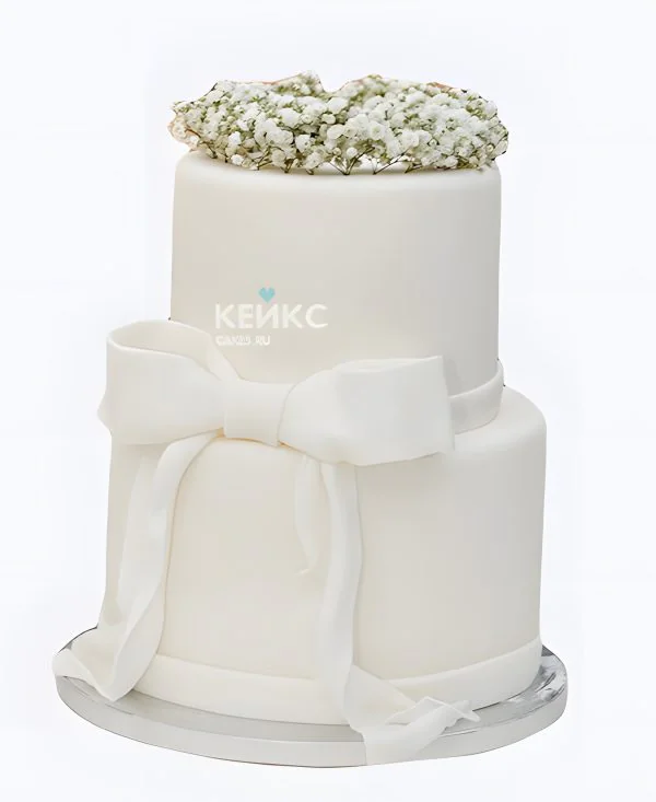 Минималистичный торт с бантом на свадьбу Фото