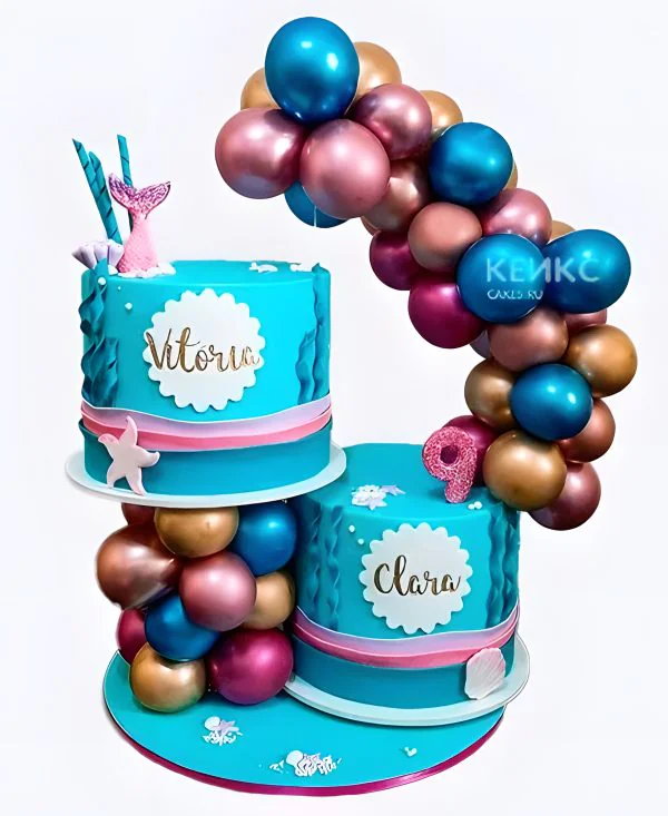 Морской торт для девочек с шарами и русалкой на 9 лет Фото