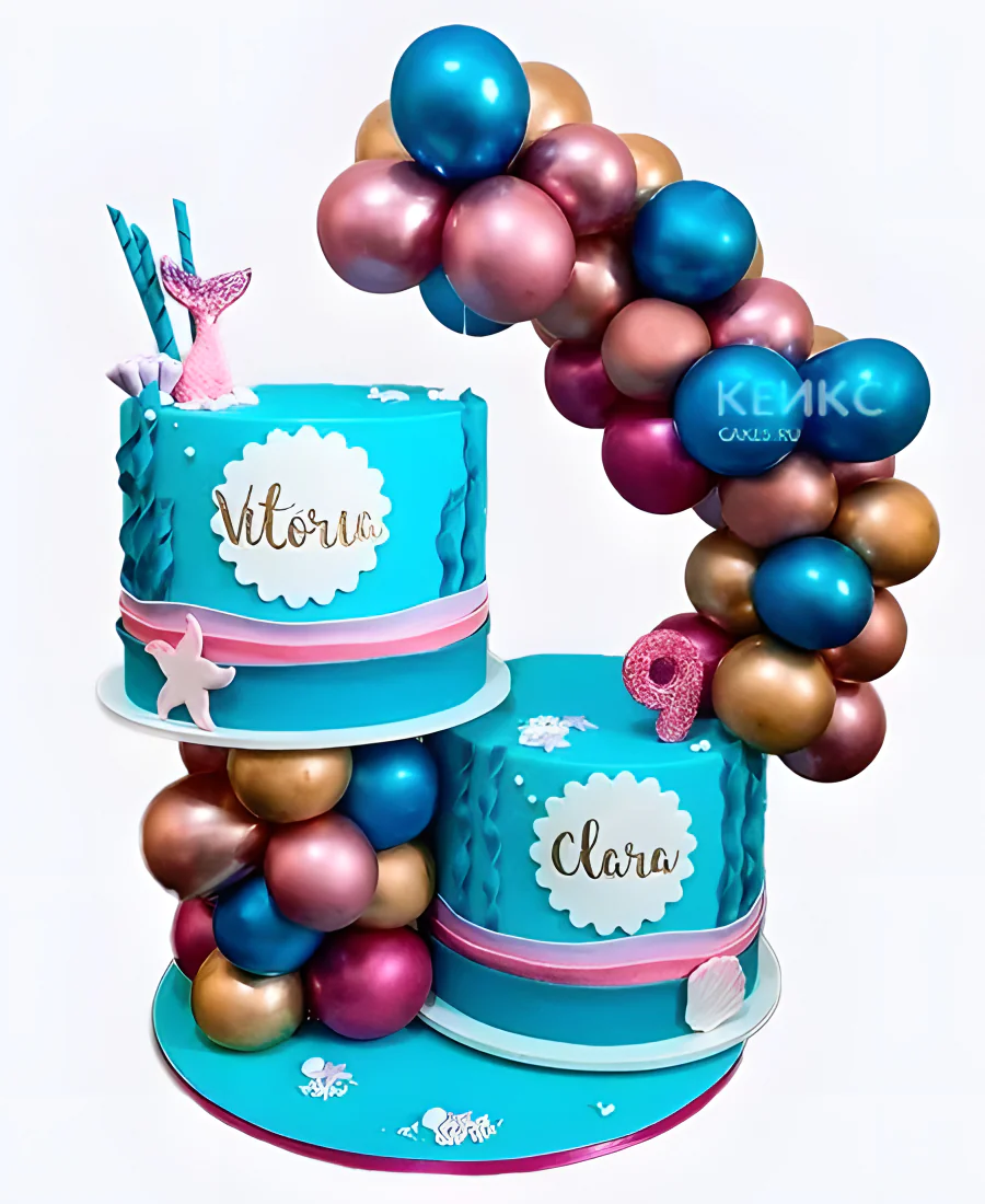 Морской торт для девочек с шарами и русалкой на 9 лет Фото