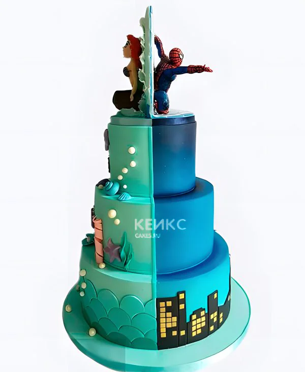 Необычный трехъярусный торт для двойняшек Фото