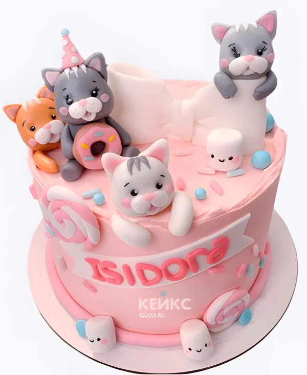 Нежный розовый торт девочке с котиками Нежный розовый торт девочке с котиками Фото