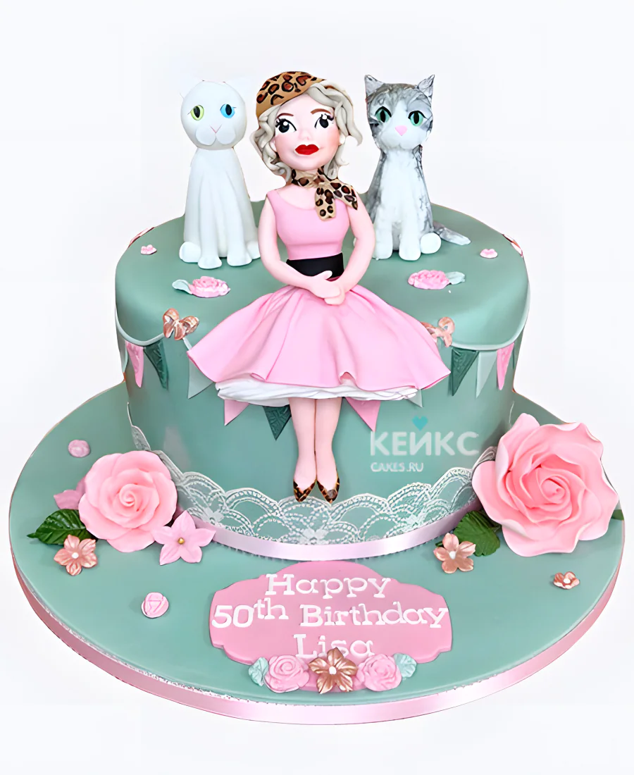 Нежный торт с цветами и котиками Фото