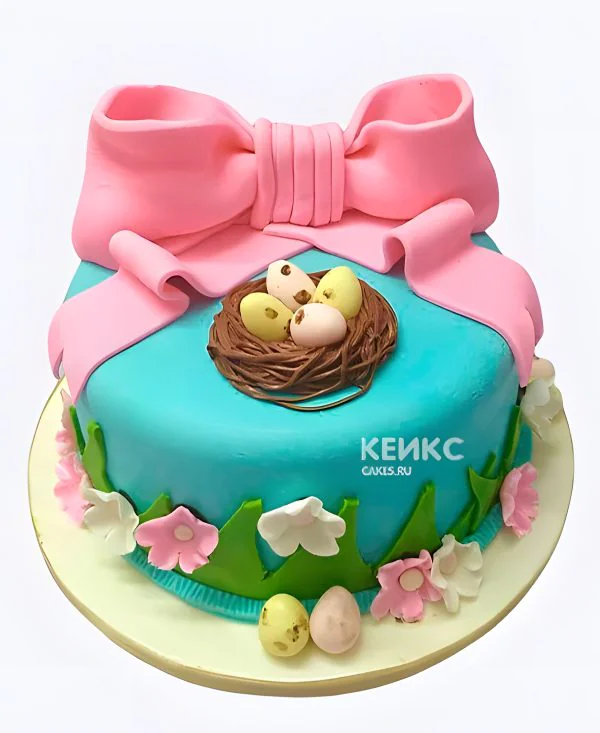 Нежный тортик с розовым бантиком и гнездом для девочки Нежный тортик с розовым бантиком и гнездом для девочки Фото