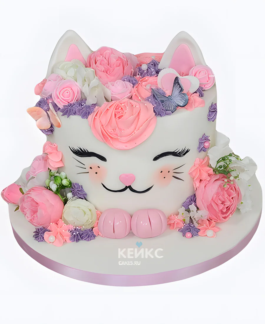 Очаровательный торт в виде кошечки с цветами для девочки Фото