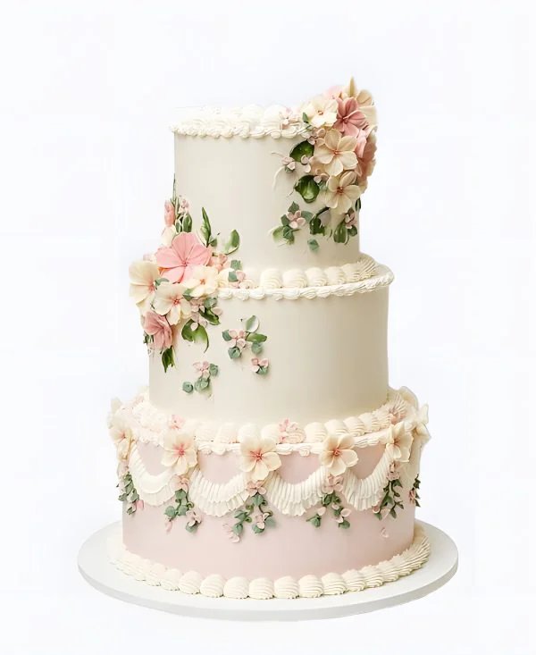 Очаровательный трендовый торт на свадьбу с цветочками Очаровательный трендовый торт на свадьбу с цветочками Фото