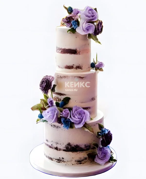 Открытый свадебный торт с фиолетовыми розами Фото