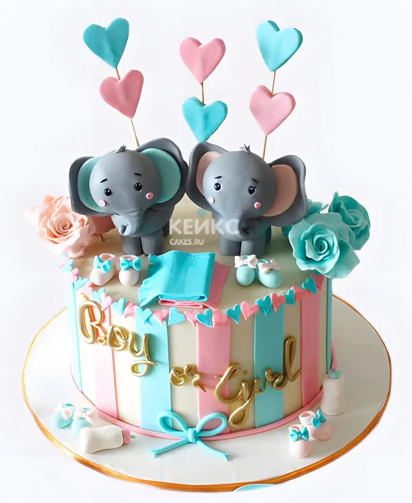 Полосатый торт с слониками на рождение ребенка Фото