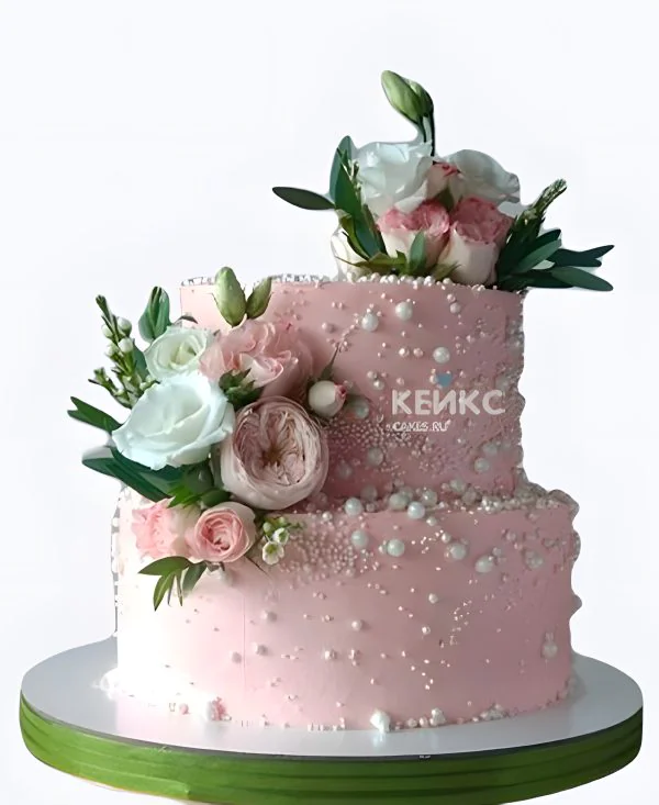 Пудровый свадебный торт Букеты роз с жемчугом Пудровый свадебный торт Букеты роз с жемчугом Фото