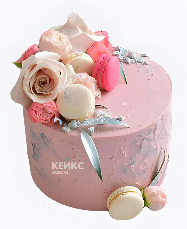 Пудровый свадебный торт с розами и макарунс Пудровый свадебный торт с розами и макарунс Фото