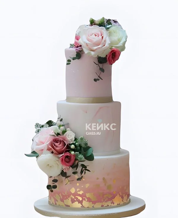 Розовый свадебный торт Два букета роз Розовый свадебный торт Два букета роз Фото
