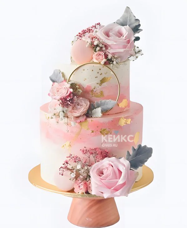 Розовый свадебный торт Розы на кольце Фото