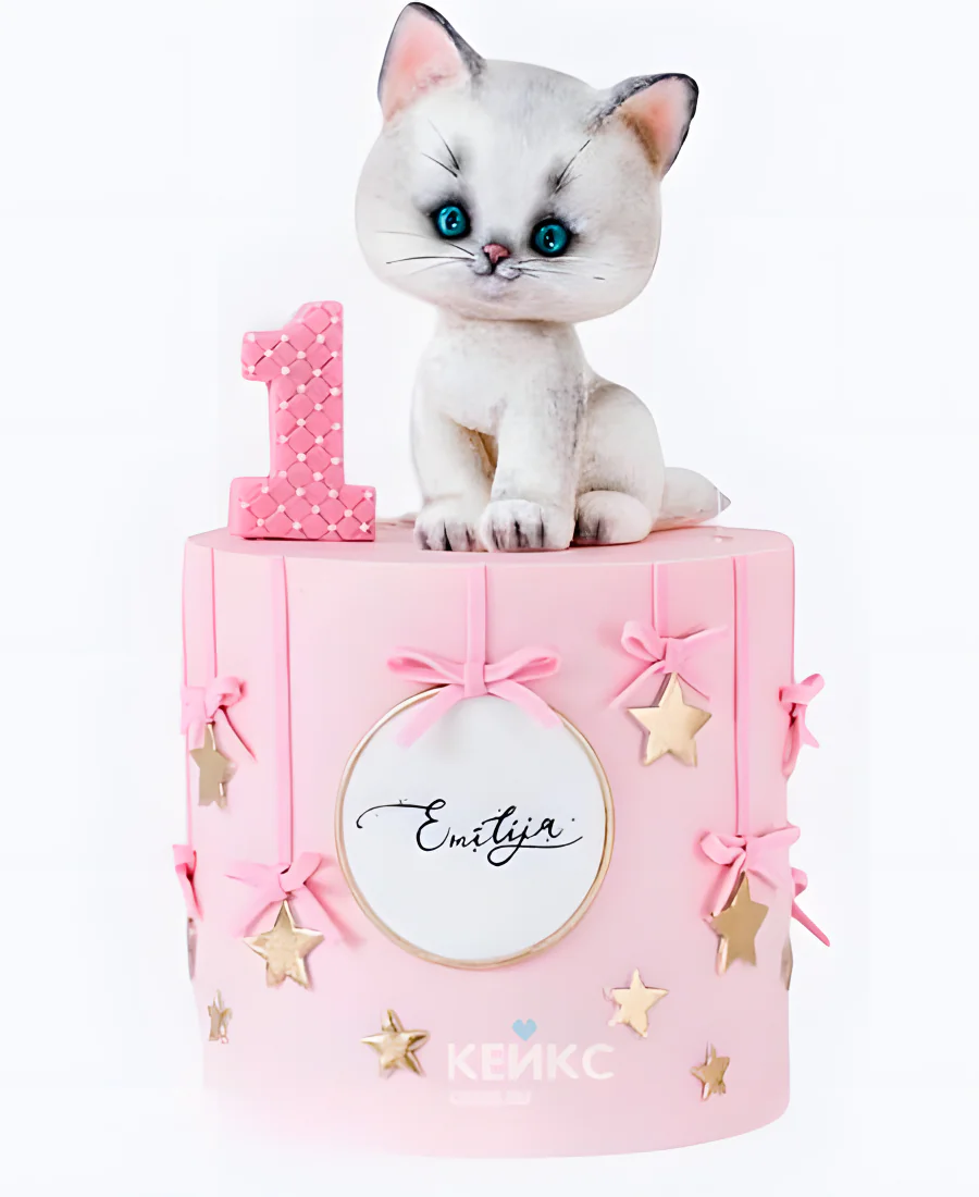 Розовый торт девочке с котиком и звездами Розовый торт девочке с котиком и звездами Фото