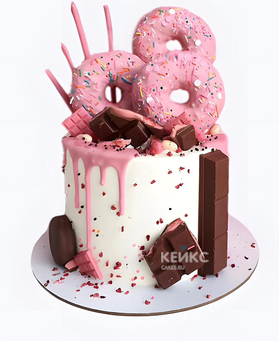 Розовый торт девочке с шоколадом и пончиками Розовый торт девочке с шоколадом и пончиками Фото