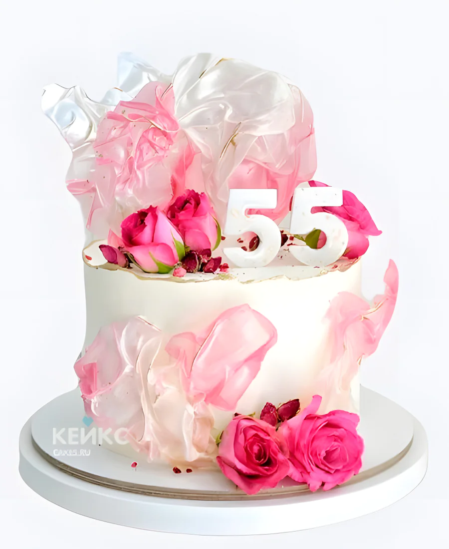Розовый торт на юбилей 55 лет с живыми цветами Розовый торт на юбилей 55 лет с живыми цветами Фото