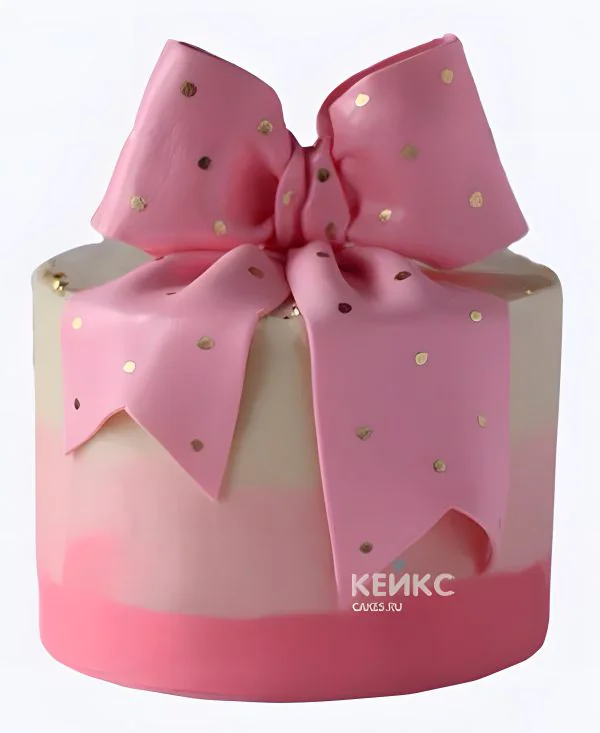 Розовый тортик с бантиком в золотой горошек для девочки Розовый тортик с бантиком в золотой горошек для девочки Фото