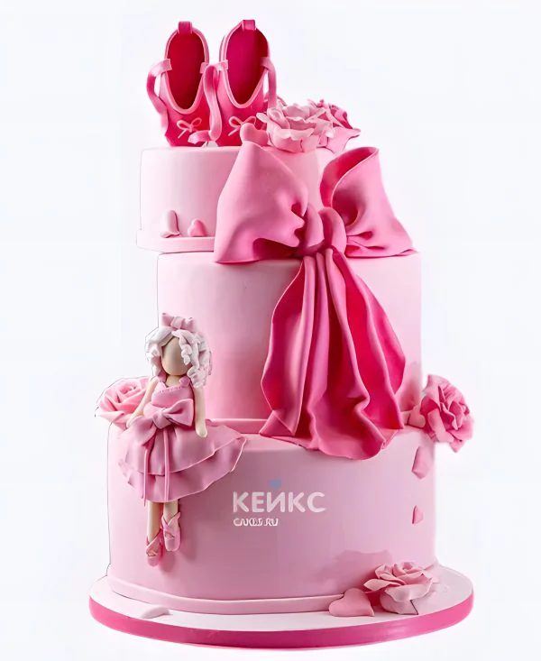 Шикарный розовый торт с балериной для девочки Фото