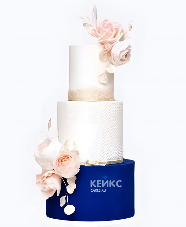 Свадебный торт бело-синий с нежно-розовыми розами Свадебный торт бело-синий с нежно-розовыми розами Фото
