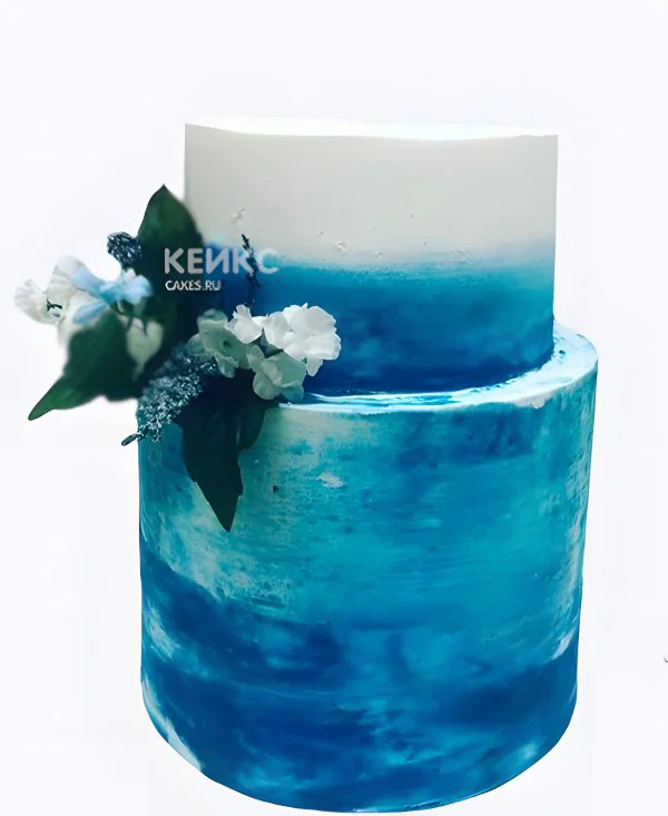 Свадебный торт бело-синий с нежной веточкой Фото
