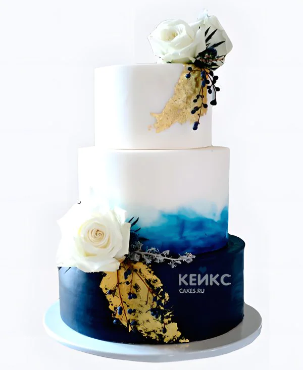 Свадебный торт белые розы на синем ярусе Свадебный торт белые розы на синем ярусе Фото